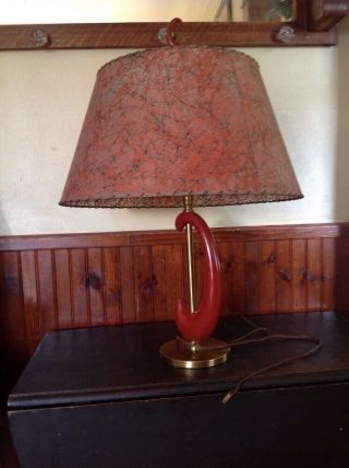 Retro Mid Century Modern Table Lamp With Red Fiberglass Shade