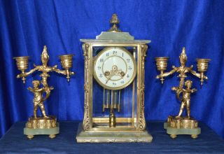 Antique Victorian Onyx & Gilt Brass 4 Glass Chiming Mantle Clock & Garnitures