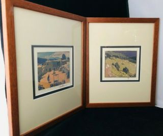 Pair Gustave Baumann Cherry Framed Repro Prints Of Southwest Pueblos / Santa Fe