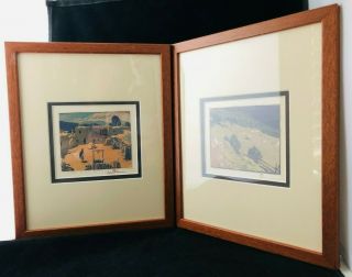 Pair Gustave Baumann Cherry Framed Repro Prints of Southwest Pueblos / Santa Fe 2