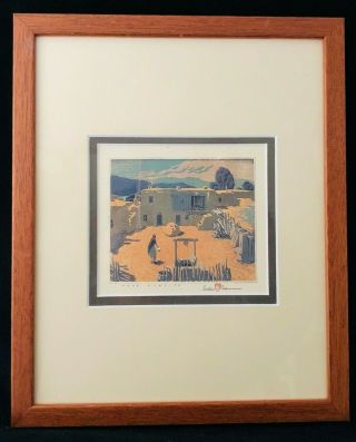 Pair Gustave Baumann Cherry Framed Repro Prints of Southwest Pueblos / Santa Fe 3