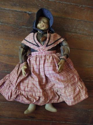 Antique Primitive Pilgrim Doll Beautifully Made Detailed Fabric Molded Face Lady 10
