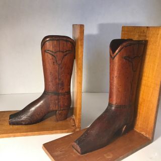 Vintage Cowboy Boot Wood Bookends Hand Carved Folk Art Rustic Western Primitive