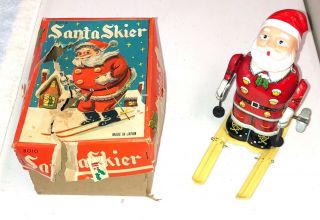Vintage 1950s Santa Claus Skier Tin Windup Japan 5” Tall W/ Box