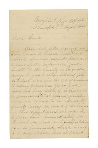 1864 Civil War Letter - 56th York In Beaufort,  Sc - Bound For Petersburg?