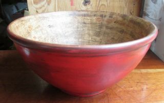 Antique Huge Christmas Red Wood Dough Bowl Solid Ash Hand Carved & Turned