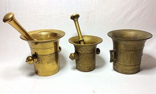 3 Antique Brass Mortar & Pestle Pharmacy Apothecary Drug Store Bronze