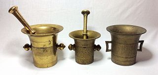 3 Antique Brass Mortar & Pestle Pharmacy Apothecary Drug Store Bronze 2