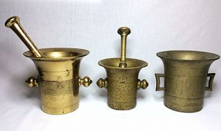 3 Antique Brass Mortar & Pestle Pharmacy Apothecary Drug Store Bronze 3