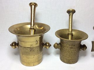 3 Antique Brass Mortar & Pestle Pharmacy Apothecary Drug Store Bronze 8