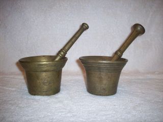 Two Very Early Antique Cast Brass Mortar & Pestle 