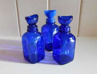 3 Vintage Wyeth Glass Eyewash Bottles With Eyecup Lids - Colbalt Blue