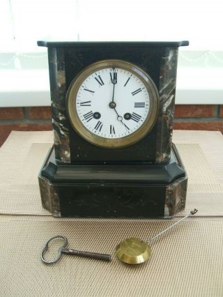 Antique Petite French / Japy Freres Black Slate Marble Mantle Clock