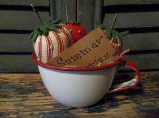 Trio of Primitive Handmade Strawberries in Vintage Enamelware Cup 2