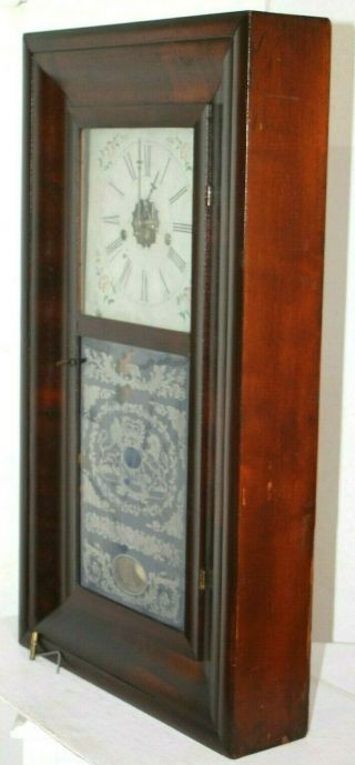 ANTIQUE 1870 ' S E.  N.  WELCH 8 DAY BRASS STRAPPED WEIGHT DRIVEN OGEE SHELF CLOCK. 10