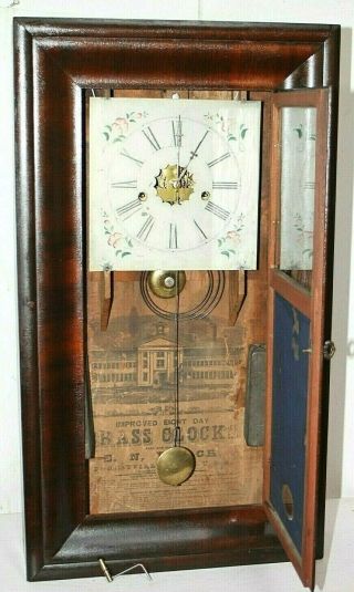 ANTIQUE 1870 ' S E.  N.  WELCH 8 DAY BRASS STRAPPED WEIGHT DRIVEN OGEE SHELF CLOCK. 3