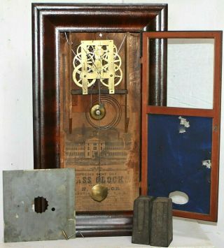 ANTIQUE 1870 ' S E.  N.  WELCH 8 DAY BRASS STRAPPED WEIGHT DRIVEN OGEE SHELF CLOCK. 5