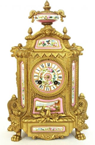 Antique Japy Freres French Ormolu Mantel Clock,  Pink Porcelain,  Pastoral Scene