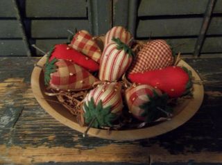 Gathering Of Primitive Handmade Strawberries In Small Vintage Wood Bowl