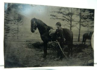Us Civil War Cavalry Officer Soldier Tintype With Horse,  Sword And Kepi - Rare