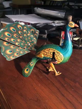 Vintage Tin Wind - Up Peacock Litho Alps Japanese Japan Bird Toy Mechanical
