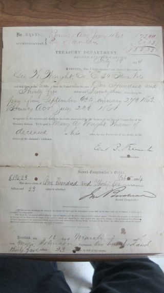 1863 Civil War Document Treasury Dept. ,  Geo Wright,  Co.  C 39 Iowa Vols. ,  Pay Widow