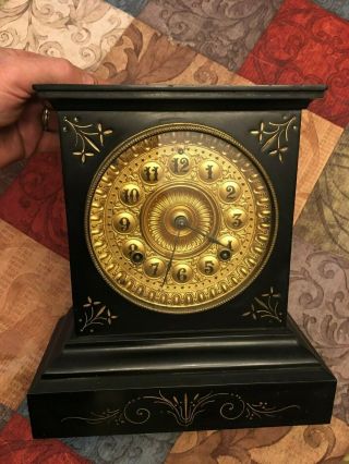Antique Ansonia Black Enameled Metal Case Mantel Clock Collectible 1882 Usa