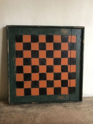 Large Old Handmade Wooden Game Board Green Orange Black Primitive Aafa