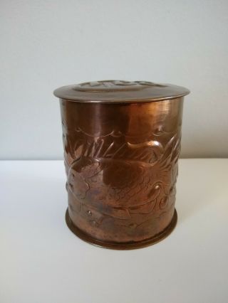 ABSOLUTELY STUNNING NEWLYN ARTS & CRAFTS COPPER TEA CADDY.  FISH MOTIFS.  RARE 2