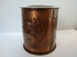 ABSOLUTELY STUNNING NEWLYN ARTS & CRAFTS COPPER TEA CADDY.  FISH MOTIFS.  RARE 5