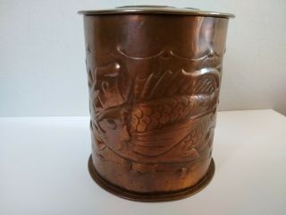 ABSOLUTELY STUNNING NEWLYN ARTS & CRAFTS COPPER TEA CADDY.  FISH MOTIFS.  RARE 6