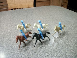 5 Vintage Marx Fort Apache Playset Power Blue Longcoat Cavalrymen & Horses 54mm