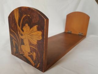 Unusual Arts & Crafts Wooden Book Ends Charming Powerwork Pan / Cherub Design