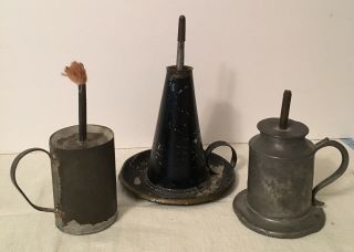 3 Early 19th C Oil Lamps Tin & Pewter,  Whale Oil,  Chamber Lamps