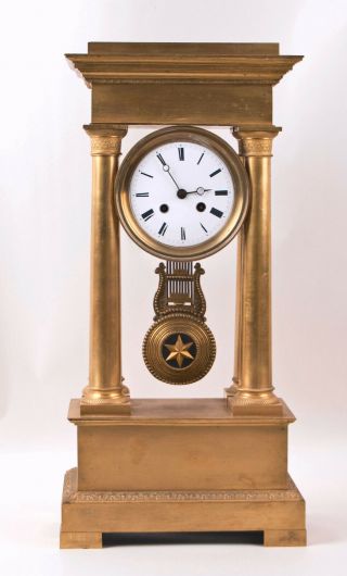 French Empire Fire Gilt Bronze Portico Clock @ 1850 Large
