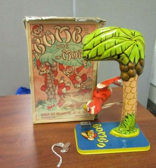Vintage Unique Art Tin Litho Wind Up Bombo The Monkey & Box