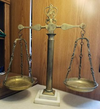 Large Antique Brass Apothecary Scale Of Justice White Marble Base
