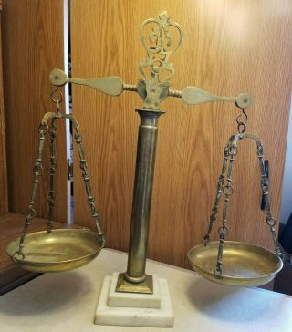 Large Antique Brass Apothecary Scale of Justice White Marble Base 8