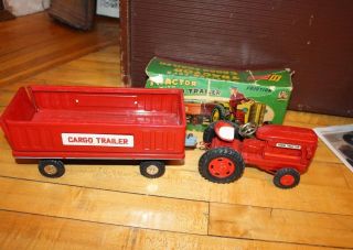 Vintage Sss Japan Friction Tin Tractor Farm Tractor & Trailer Box Truck