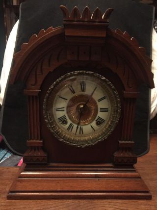 Antique Ansonia Tunis Walnut Mantel Clock - 8 Day Key Wind Gong Chime - Well