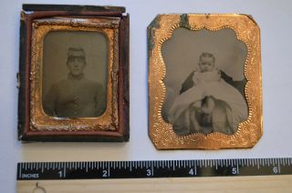 2 Tintype Photo,  Civil War Soldier In Uniform - And A Young Girl,  Both 2 X2 3/4