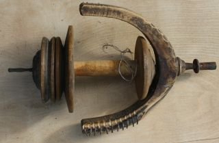 Antique Primitive Saxonian Wooden Spinning Wheel Flyer Bobbin Spool
