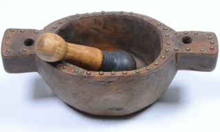 Vintage Studded Oval Wood Pestle And Mortar With Handles 2.  75 " H X 4 " D
