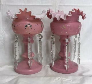 Antique Victorian Pink Cased Glass Girandoles Mantle Lustres Crystal Prisms