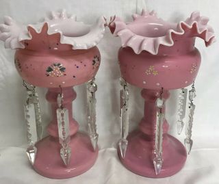 ANTIQUE VICTORIAN PINK CASED GLASS GIRANDOLES MANTLE LUSTRES CRYSTAL PRISMS 2