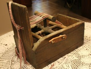 Antique Box Style Tape Loom With Paddle Attached To Warp Beam