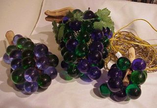 Vintage Blue & Green Lucite Grape Cluster Hanging Swag Light Lamp,  (2) Clusters