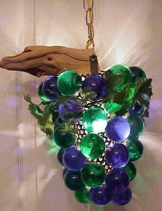 VINTAGE BLUE & GREEN LUCITE GRAPE CLUSTER HANGING SWAG LIGHT LAMP,  (2) CLUSTERS 3