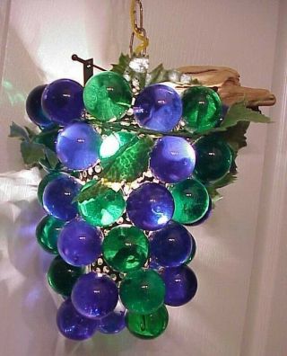 VINTAGE BLUE & GREEN LUCITE GRAPE CLUSTER HANGING SWAG LIGHT LAMP,  (2) CLUSTERS 4