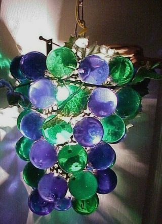 VINTAGE BLUE & GREEN LUCITE GRAPE CLUSTER HANGING SWAG LIGHT LAMP,  (2) CLUSTERS 5